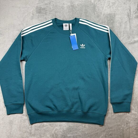 Adidas Sweatshirt Mens Large Teal Crew Neck Long Sleeve 3 Stripe - Picture 1 of 5